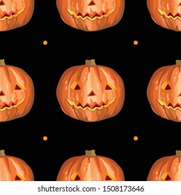 Halloween vector seamless pattern with orange pumpkin with scary smile iolated on black background