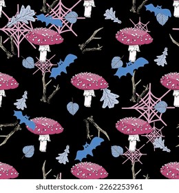 Halloween vector seamless pattern. Poisonous toadstools, mushrooms, bats, spider webs, deer antlers, dry leaves. For printing packaging, cards, designers, clothes, interior, icon, logo