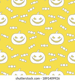 Halloween vector seamless pattern with pumpkin and candy. Design for party card, wrapping, fabric, print. Illuminating and Ultimate Gray.