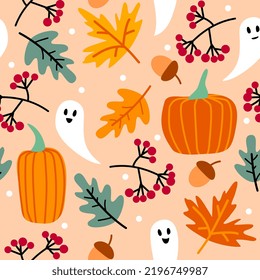 Halloween vector seamless pattern. Pumpkin with autumn leaves and ghosts. Vector flat illustration.  