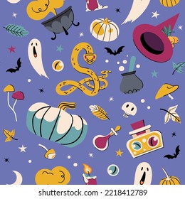 Halloween vector seamless pattern with pumpkin, witch hat, magic potion bottle, snake, mushroom. Spooky flat illustration on purple background for wallpaper, paper, textile