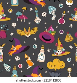 Halloween vector seamless pattern and pumpkin  witch hat  candle  bat  cauldron   other  Magic flat illustration for print  wrapping paper  fabric  wallpaper  cover