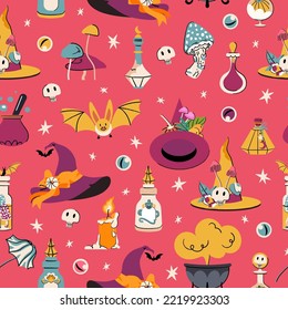 Halloween vector seamless pattern and pumpkin  witch hat  candle  bat  cauldron   other  Magic flat illustration for print  wrapping paper  fabric  wallpaper  cover
