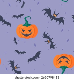 Halloween vector seamless pattern with pumpkin, bat characters. Holiday vector illustration