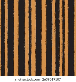 Halloween vector seamless pattern with pumpkin orange and black vertical grunge stripes. Wonky organic edges. Hand painted brush strokes, striped background. Linear geometric fall backdrop.