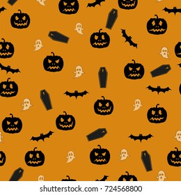 Halloween vector seamless pattern with pumpkin, bats and ghosts