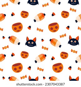Halloween Vector seamless pattern with pumpkin,candy, meat and cat. White background.
