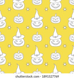 Halloween vector seamless pattern with pumpkins, witch hat. Design for party card, wrapping, fabric, print. Illuminating and Ultimate Gray.