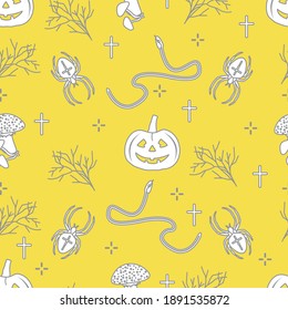 Halloween vector seamless pattern with pumpkins, branches, spiders, snakes, crosses. Design for decoration, wrapping, greeting cards, web page background, fabric, print. Illuminating and Ultimate Gray