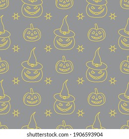 Halloween vector seamless pattern with pumpkins, witch hat. Design for party card, wrapping, fabric, print. Illuminating and Ultimate Gray.