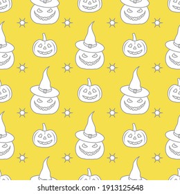 Halloween vector seamless pattern with pumpkins, witch hat. Design for party card, wrapping, fabric, print. Illuminating and Ultimate Gray.