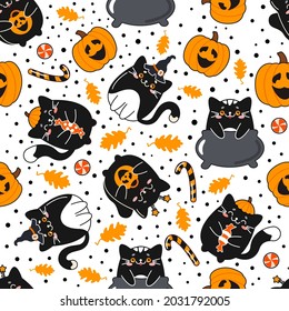 Halloween Vector seamless pattern with pumpkins, cute black cats, autumn leaves and sweets. Perfect for fabric, textile, wrapping paper, gift wrapping, background design