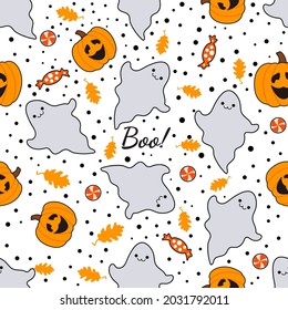 Halloween Vector seamless pattern with pumpkins, cute ghosts, autumn leaves and sweets. Ideal for fabric, textile, wrapping paper, gift wrapping, background design