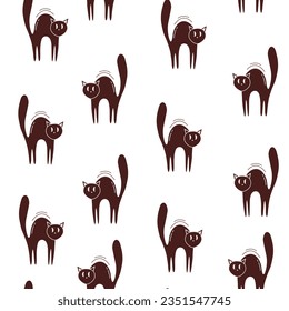 Halloween vector seamless pattern. Scared black cat in retro style.