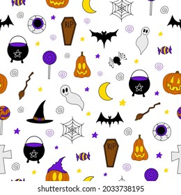 Halloween vector seamless pattern with scary elements - jack, bats, web, cauldron, witch hat, ghosts, candy