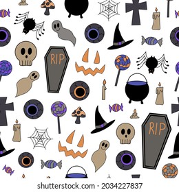 Halloween vector seamless pattern with scary elements - jack, bats, web, cauldron, witch hat, ghosts, candy
