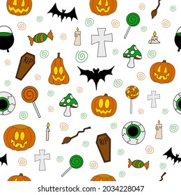 Halloween vector seamless pattern with scary elements - jack, bats, web, cauldron, witch hat, ghosts, candy