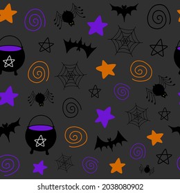 Halloween vector seamless pattern with scary elements - bats, web, cauldron, star, spider