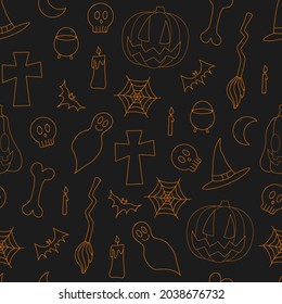 Halloween vector seamless pattern with scary elements - jack, bats, web, cauldron, witch hat, ghosts, candy