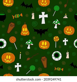 Halloween vector seamless pattern with scary elements - jack, bats, web, cauldron, witch hat, ghosts, candy