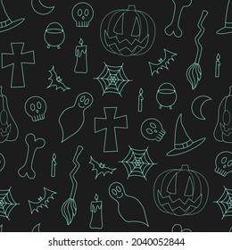 Halloween vector seamless pattern with scary elements - jack, bats, web, cauldron, witch hat, ghosts, candy