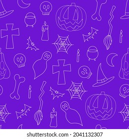 Halloween vector seamless pattern with scary elements - jack, bats, web, cauldron, witch hat, ghosts, candy