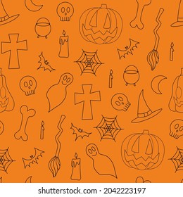 Halloween vector seamless pattern with scary elements - jack, bats, web, cauldron, witch hat, ghosts, candy