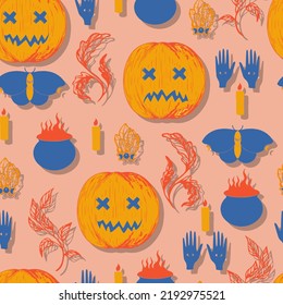 patrón sin fisuras vectorial de halloween. Jack o linterna estacional con velas, cristales, caldero de bruja y adivinación a mano