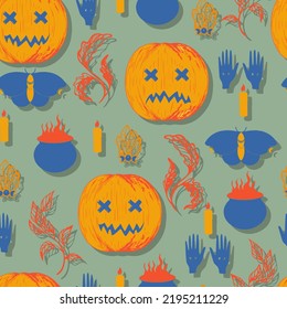 halloween vector seamless pattern. Seasonal jack o lantern with candles, crystals, witch's cauldron and divination by hand