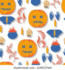 halloween vector seamless pattern. Seasonal jack o lantern with candles, crystals, witch's cauldron and divination by hand