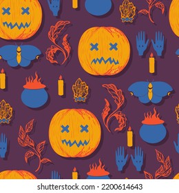 patrón sin fisuras vectorial de halloween. Jack o linterna estacional con velas, cristales, caldero de bruja y adivinación a mano