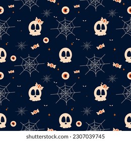 Halloween Vector seamless pattern with skulls,
Ghosts, Candy and Spider Webs.
blue background.