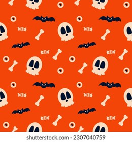 Halloween Vector seamless pattern with skulls,
Ghosts, bones, candy bats and eyeballs.
orange background.