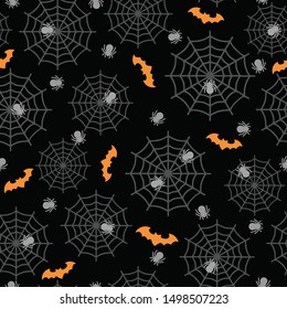 Halloween vector seamless pattern with spider, spider web  and bats