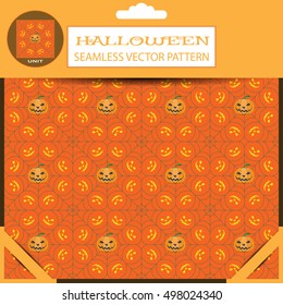 Halloween vector seamless pattern with spidernet and pumpkin in package with shadow.