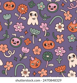 Halloween vector seamless pattern. Vector stylized simple naive funny magic magical characters and evil spirits  on violet floral background. Doodle Halloween print design.