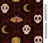 Halloween vector seamless pattern with sugar skulls, burgundy bows, crescent moons, pumpkin and mystical moth on a dark background. Festive gothic design for textile, decor and paper.