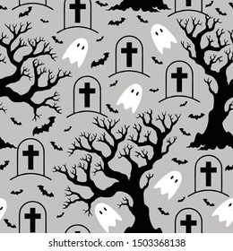 Halloween vector seamless pattern with tree ,bats and ghosts