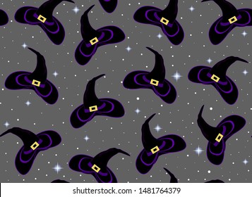 Halloween vector seamless pattern with various colorful witch hats