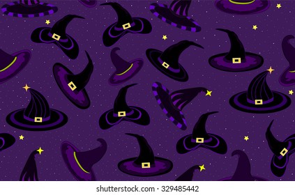Halloween vector seamless pattern with various colorful witch hats
