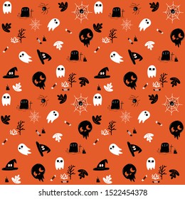 Halloween vector seamless pattern  wallpaper. Orange endless background with ghosts, skulls, bones, hats, spiders, candies, leaves, graves and tree