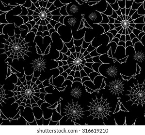 Halloween vector seamless pattern with web and funny flying bats. You can use any color of background