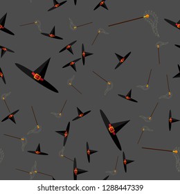 Halloween vector seamless pattern with witch hats and and magic wand