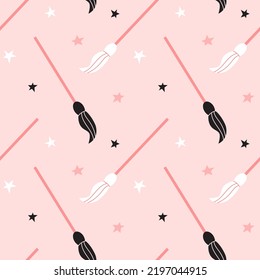 Halloween vector seamless pattern with witch brooms and stars on pink background. Pastel colors design for festive background, decoration, cards, wallpaper, wrapping paper, prints, and fabrics.