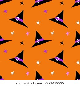 Halloween vector seamless pattern with witch hats and stars on orange background. Design for festive background, decoration, cards, wallpaper, wrapping paper, prints, and fabrics or textile design.