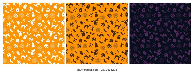 Halloween vector seamless pattern. Witch, bats, bones, pumpkins, crosses, spider webs, ghosts. Pattern in 3 shades