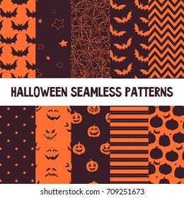 Halloween vector seamless patterns. Endless texture for wallpapers, web page background, wrapping paper. Flat style.