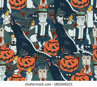 Halloween vector seamless pettern. Vampires, pumpkins, wolves, bats.