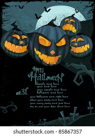 Halloween vector series. Vector Halloween template with night landscape, evil pumpkins, spooky naked tree, graveyard with glowing moon and clouds in the back. Space for your text