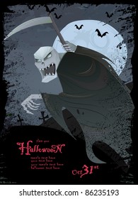 Halloween vector series.Vector Halloween grunge template with scary grim reaper, bats, graveyard, bugs and copyspace